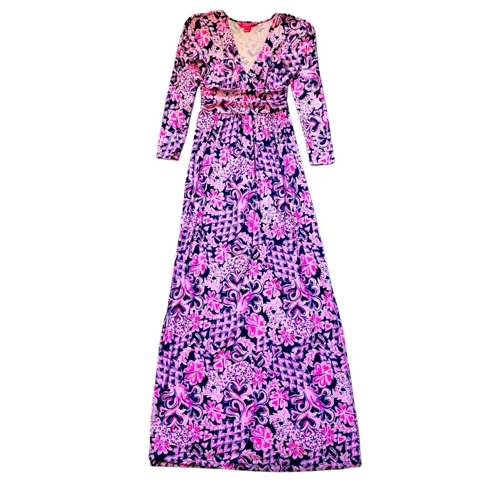 Lilly Pulitzer Pink and Navy Floral Long Sleeve Maxi Dress